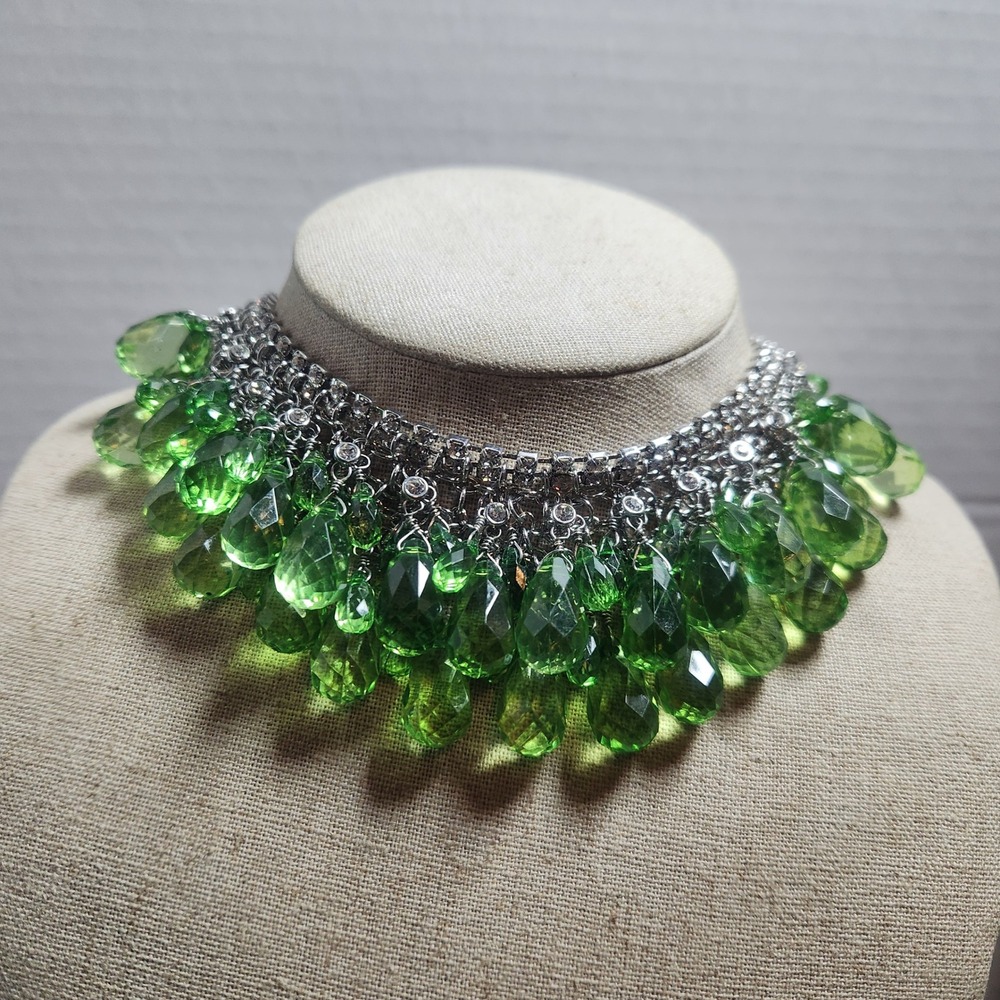 Scaasi Green Crystal Bib Necklace‎ Silver Tone Rhinestone Statement